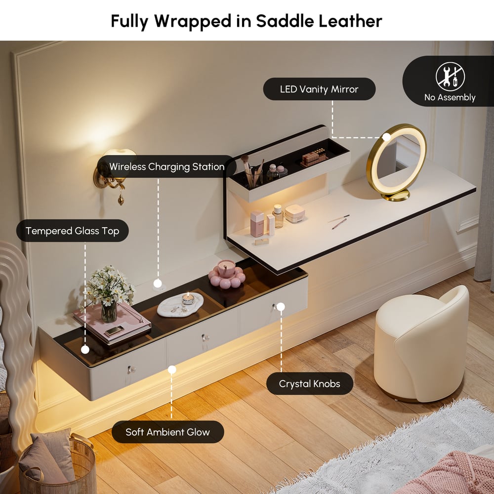 Saddle Leather Floating Makeup Vanity with Tempered Glass Top & Mirror window image