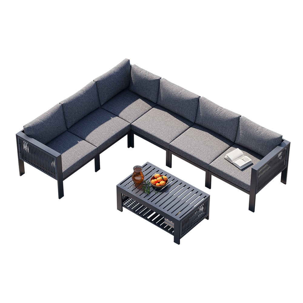 6 seater with fireplace garden furniture set made of stainless aluminum in gray window image