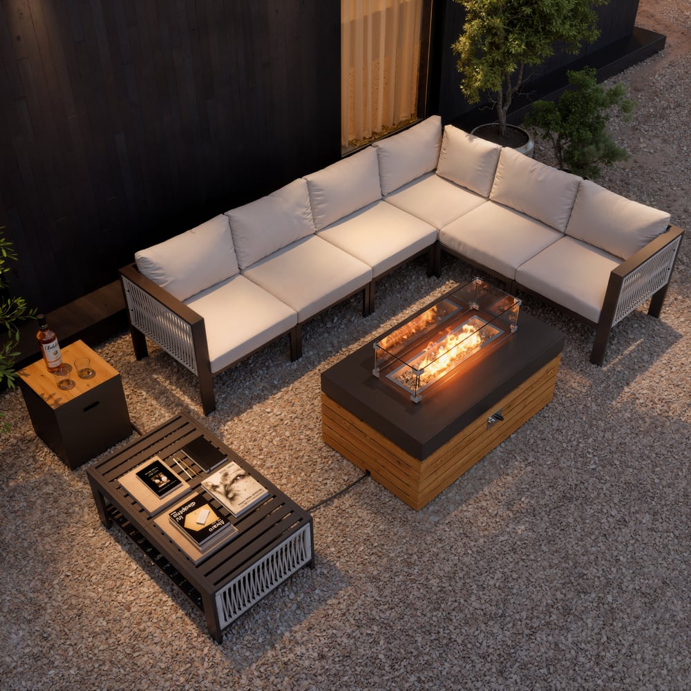 6-seater with fireplace garden furniture set made of rust-proof aluminum in light gray window image