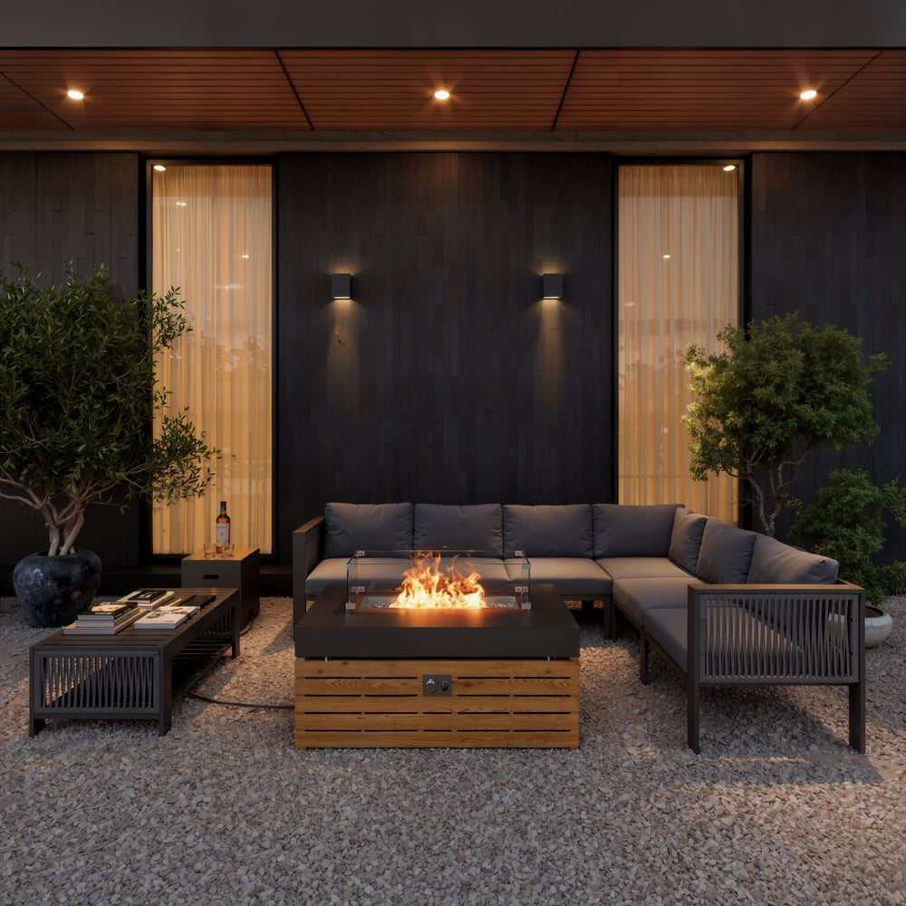 6 seater with fireplace garden furniture set made of stainless aluminum in gray window image