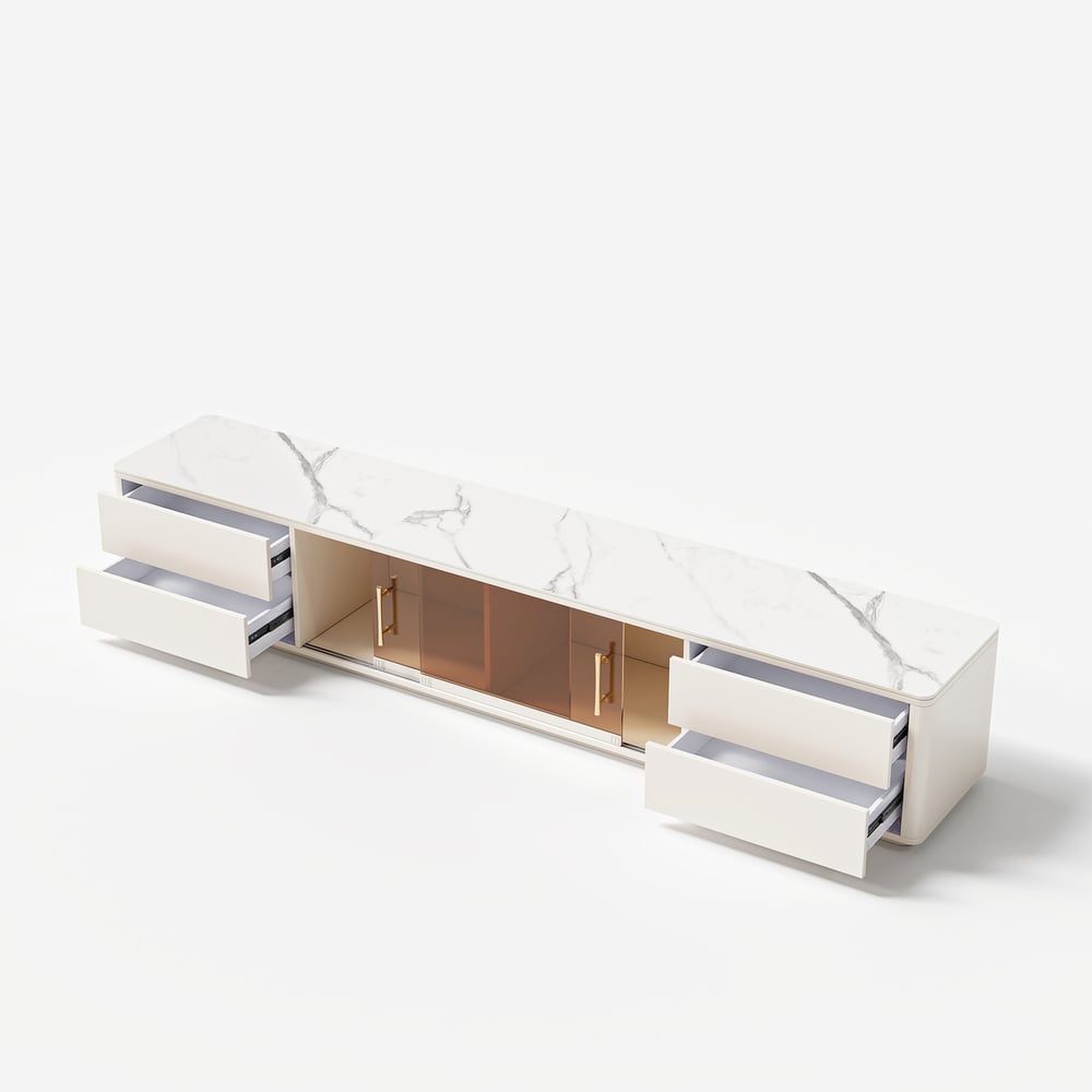 85" White Wood Rectangle TV Stand Sintered Stone Top 4-Drawer Glass Doors Cabinet window image