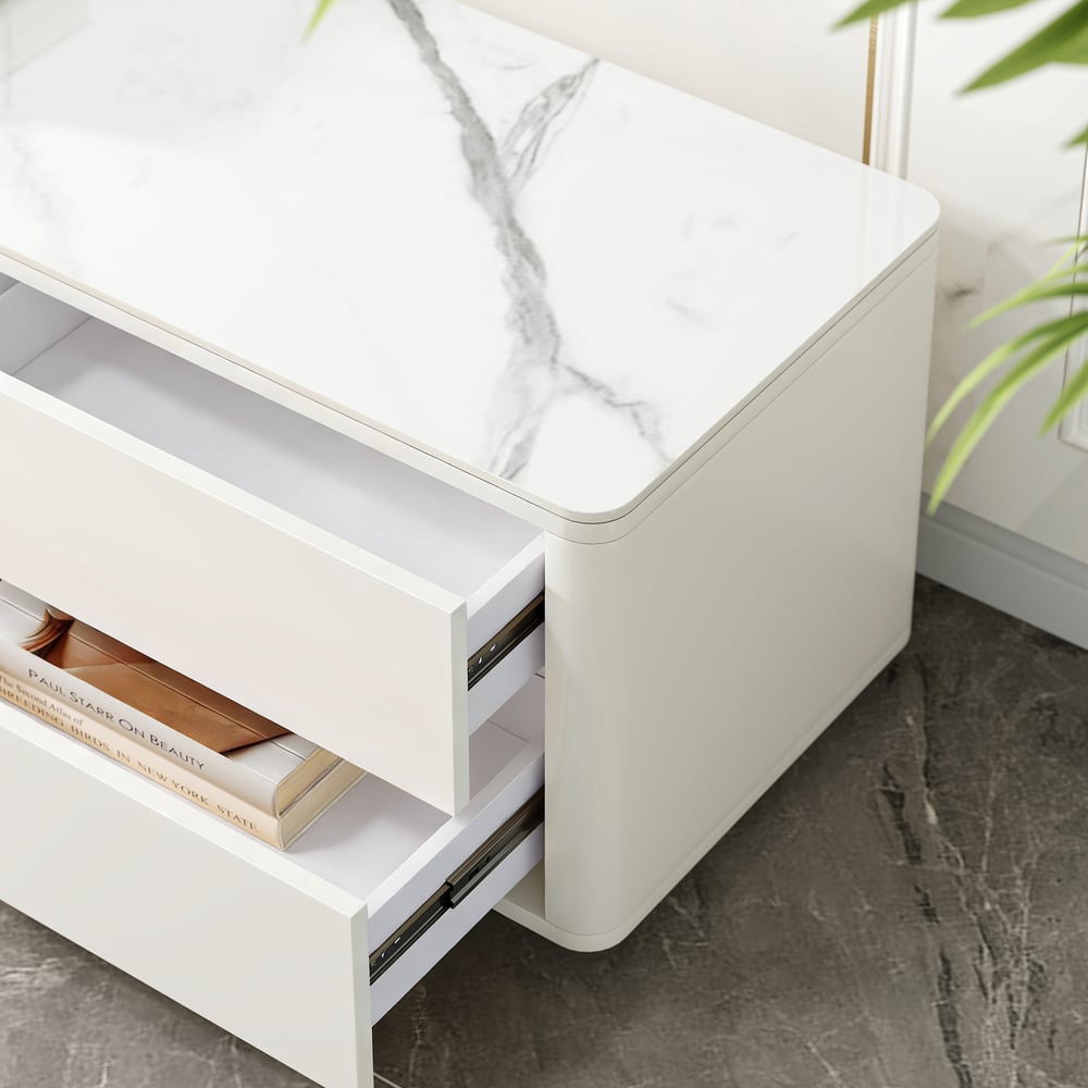 85" White Wood Rectangle TV Stand Sintered Stone Top 4-Drawer Glass Doors Cabinet window image