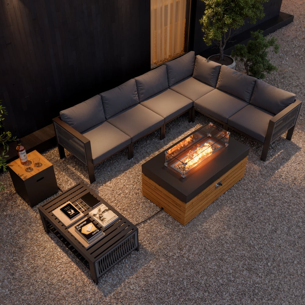 6 seater with fireplace garden furniture set made of stainless aluminum in gray window image