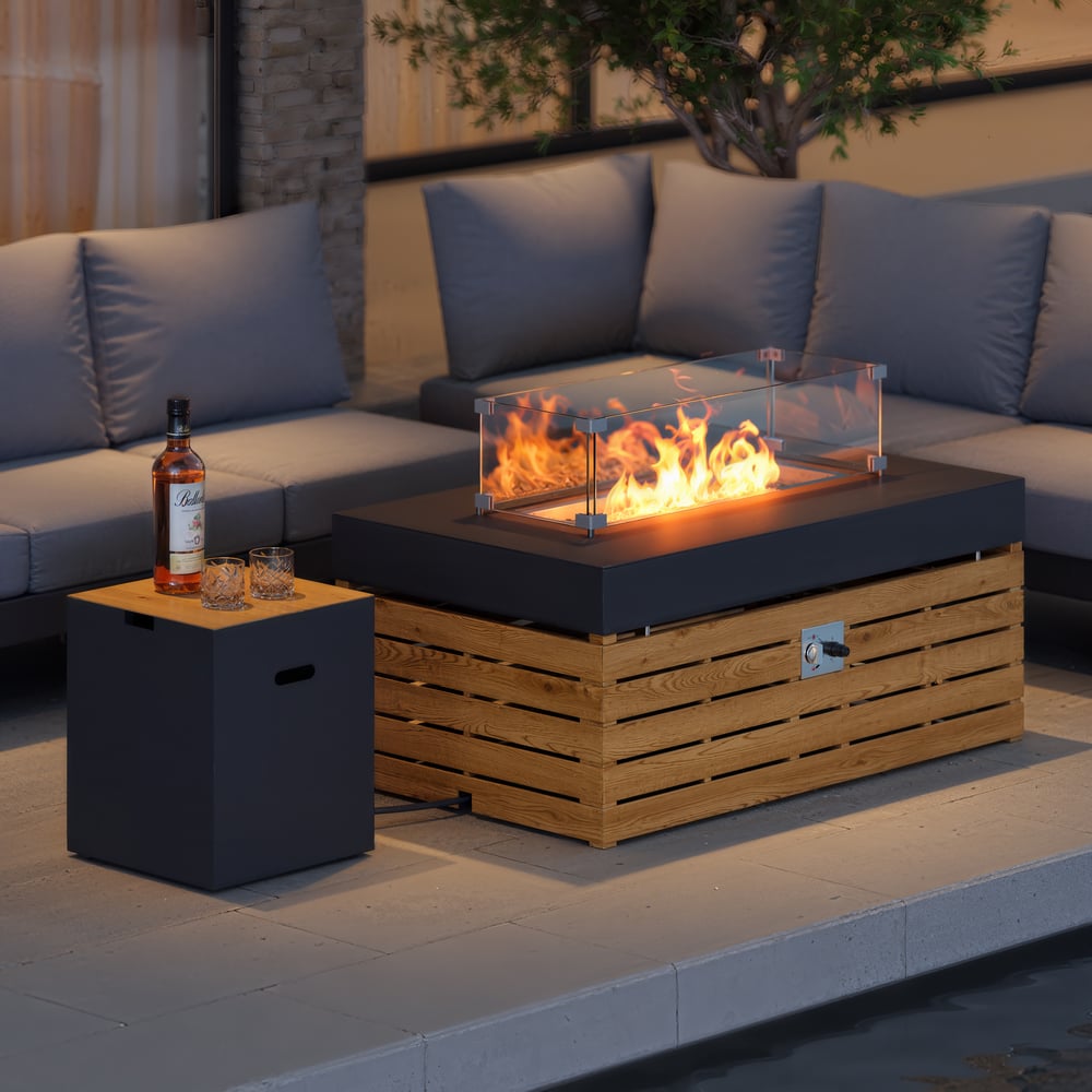 Garden table fire pit with stainless metal gas bottle cover set window image