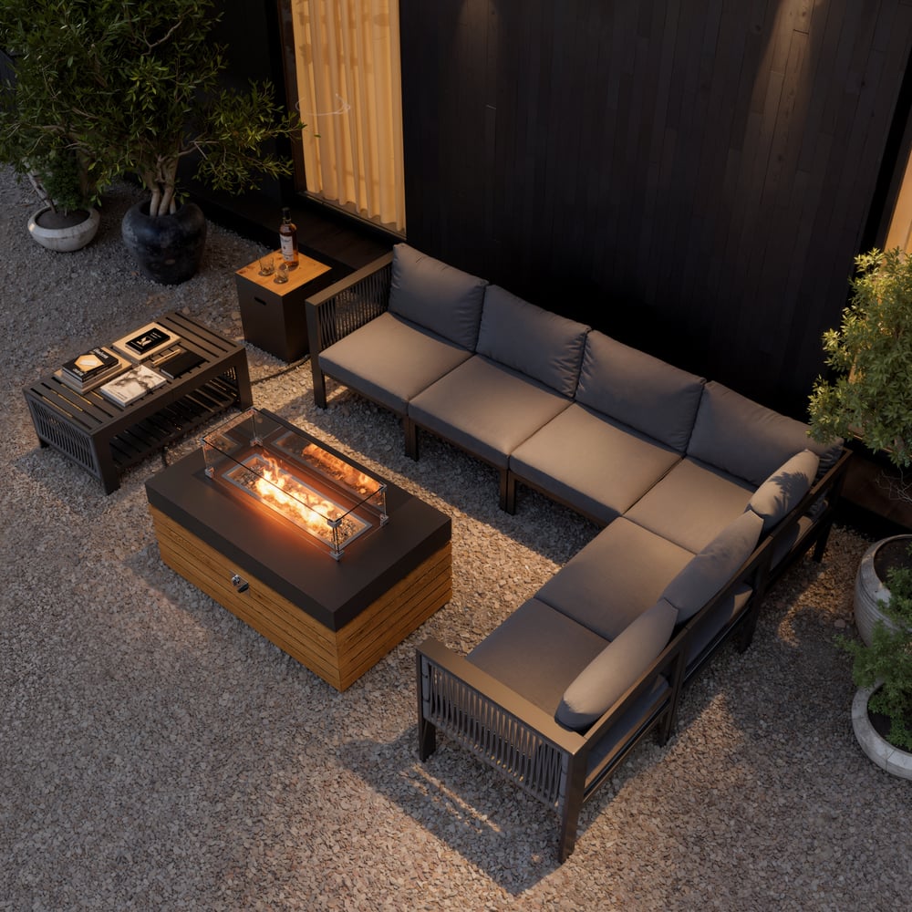 6 seater with fireplace garden furniture set made of stainless aluminum in gray window image