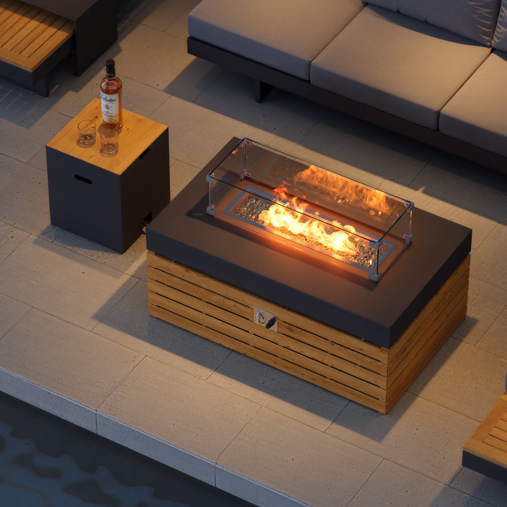 Garden table fire pit with stainless metal gas bottle cover set window image