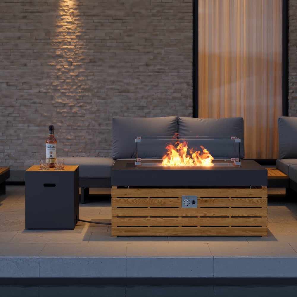 Garden table fire pit with stainless metal gas bottle cover set window image