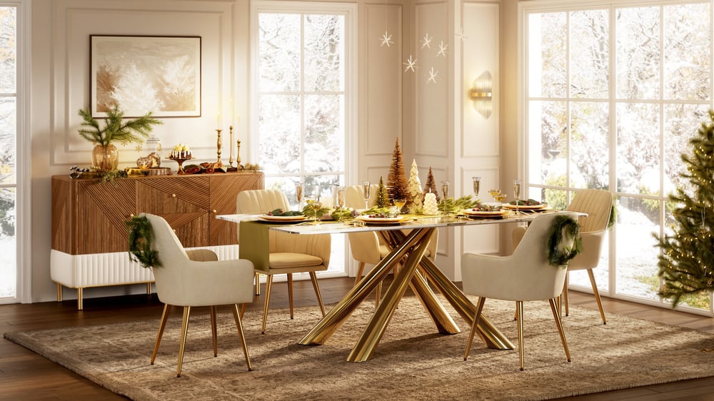 Modern rectangular dining table with stone top and stainless steel easel window image