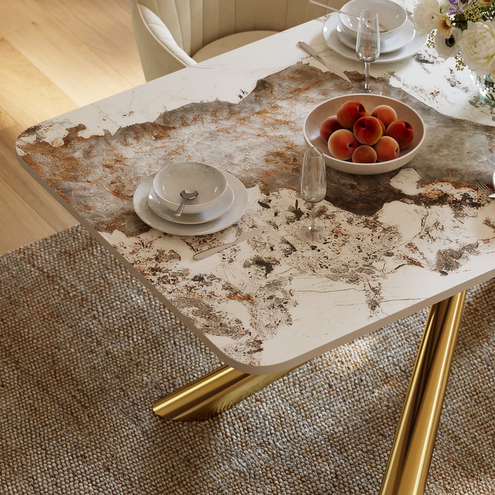 2000mm Modern Stone Top Rectangle Dining Table with Stainless Steel Trestle window image