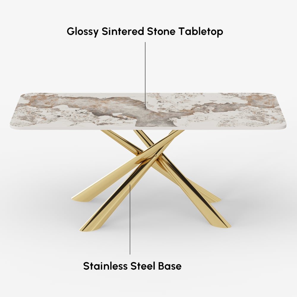 2000mm Modern Stone Top Rectangle Dining Table with Stainless Steel Trestle window image