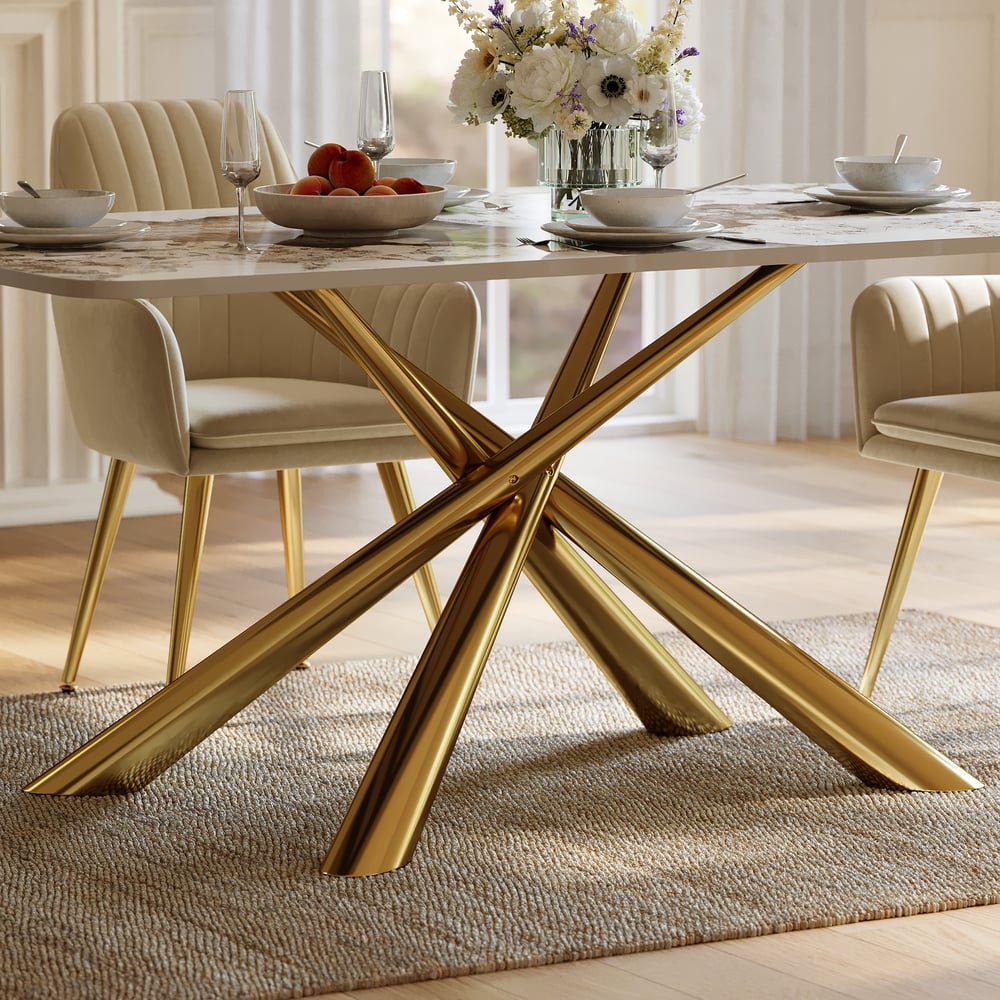 2000mm Modern Stone Top Rectangle Dining Table with Stainless Steel Trestle window image