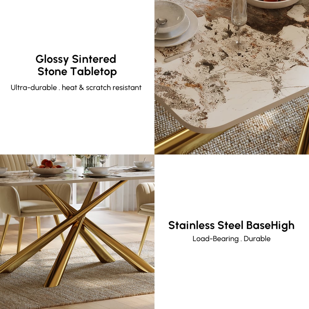 2000mm Modern Stone Top Rectangle Dining Table with Stainless Steel Trestle window image