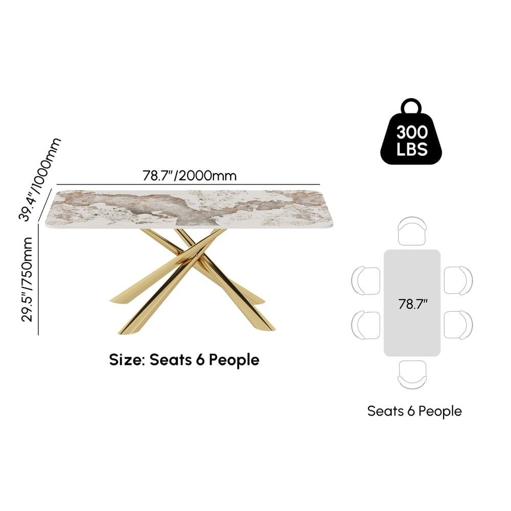 2000mm Modern Stone Top Rectangle Dining Table with Stainless Steel Trestle weights dimensions image