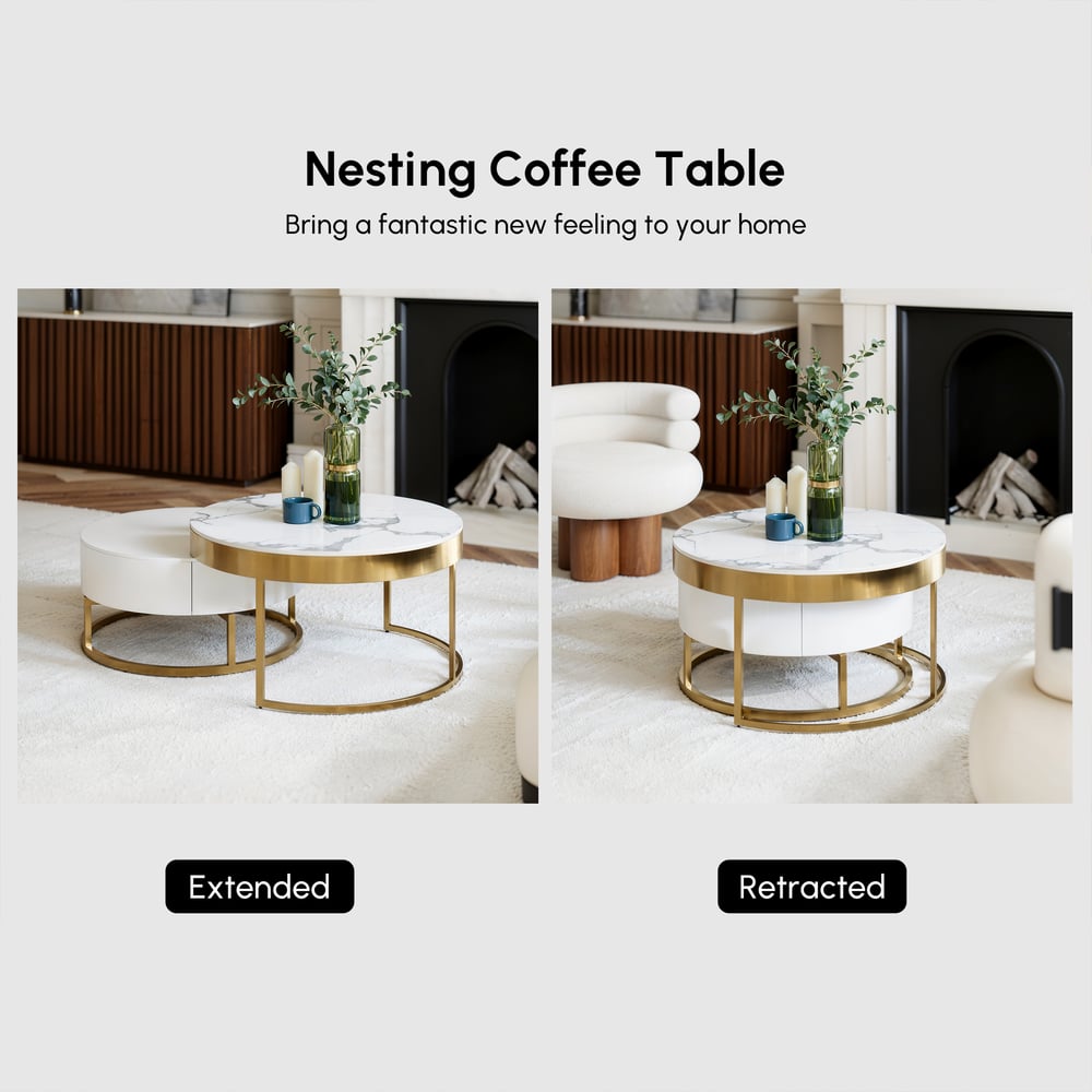 Table basse ronde moderne en bois Nesnesis avec plateau relevable et tiroirs image de fenêtre