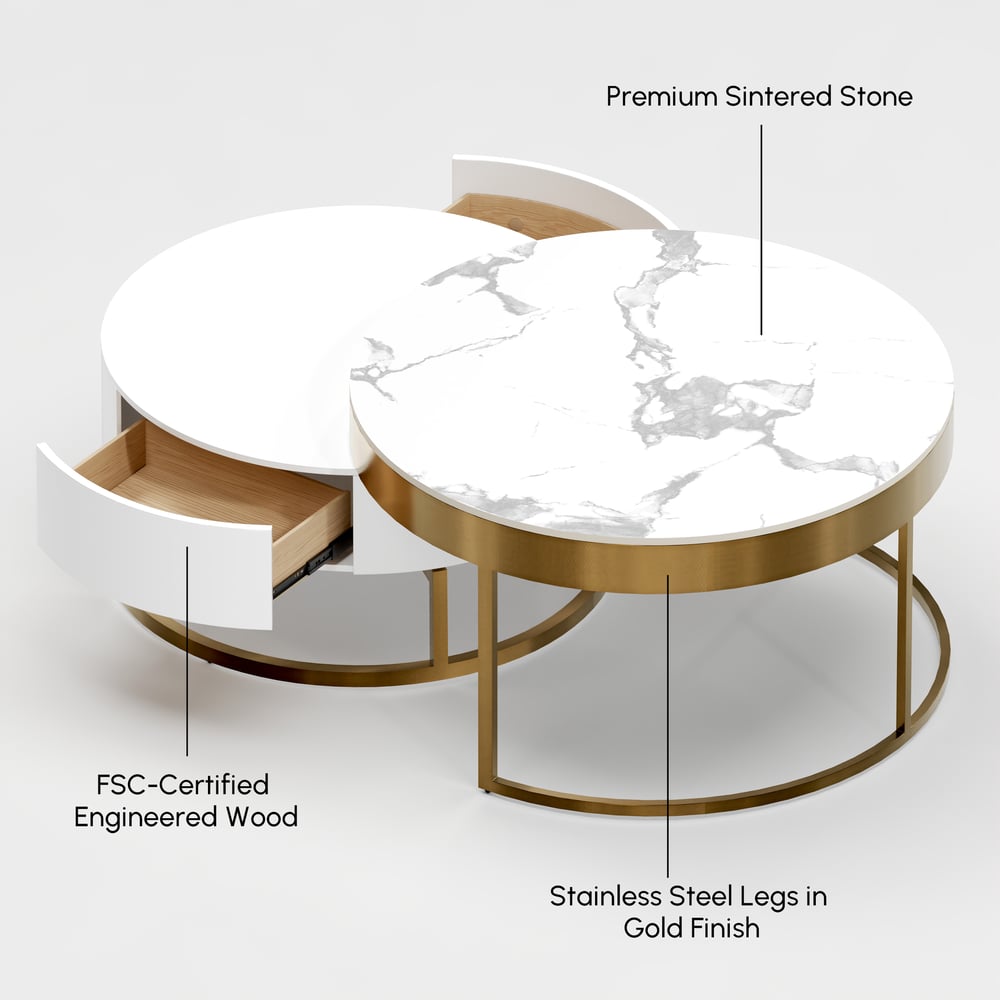 Table basse ronde moderne en bois Nesnesis avec plateau relevable et tiroirs image de fenêtre