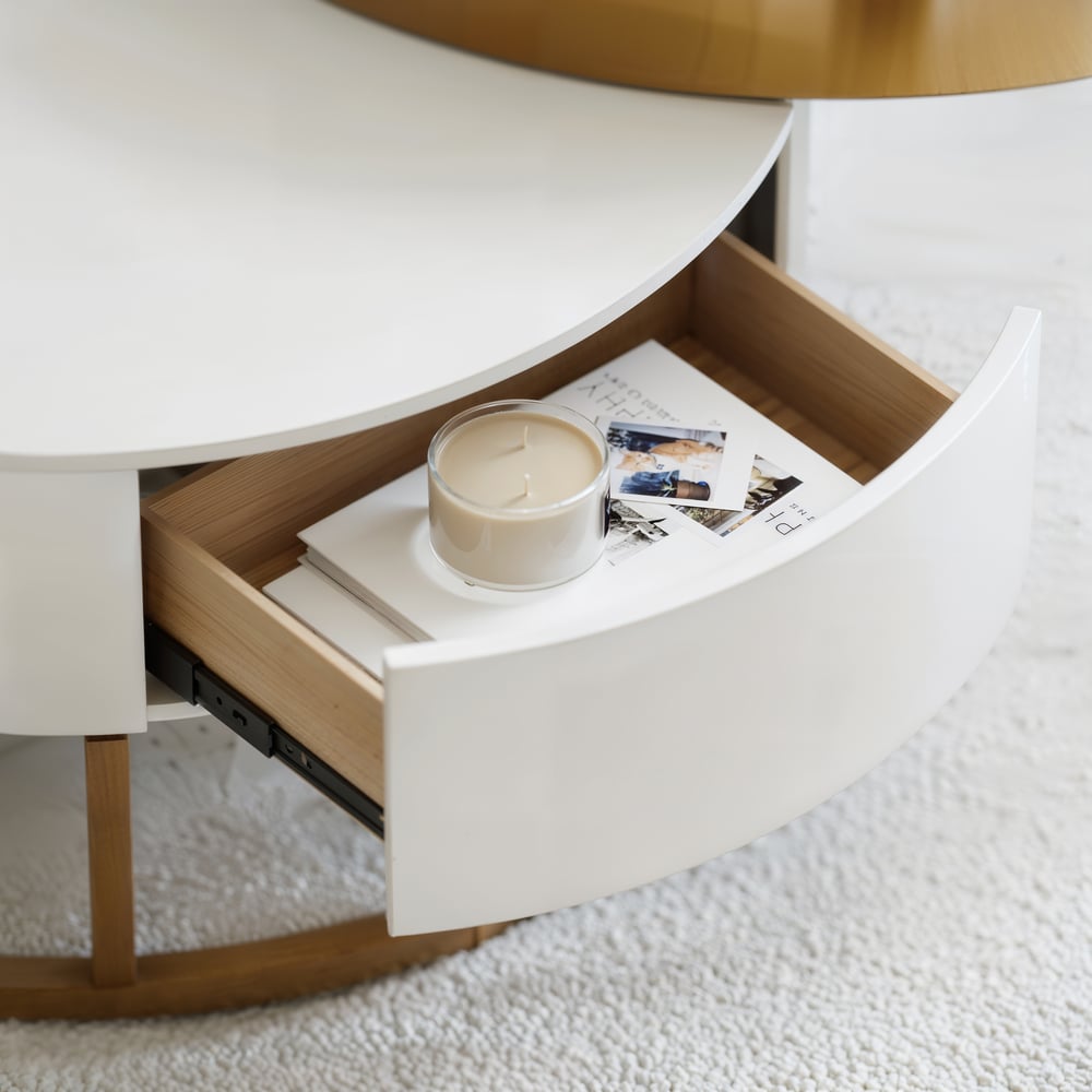 Table basse ronde moderne en bois Nesnesis avec plateau relevable et tiroirs image de fenêtre