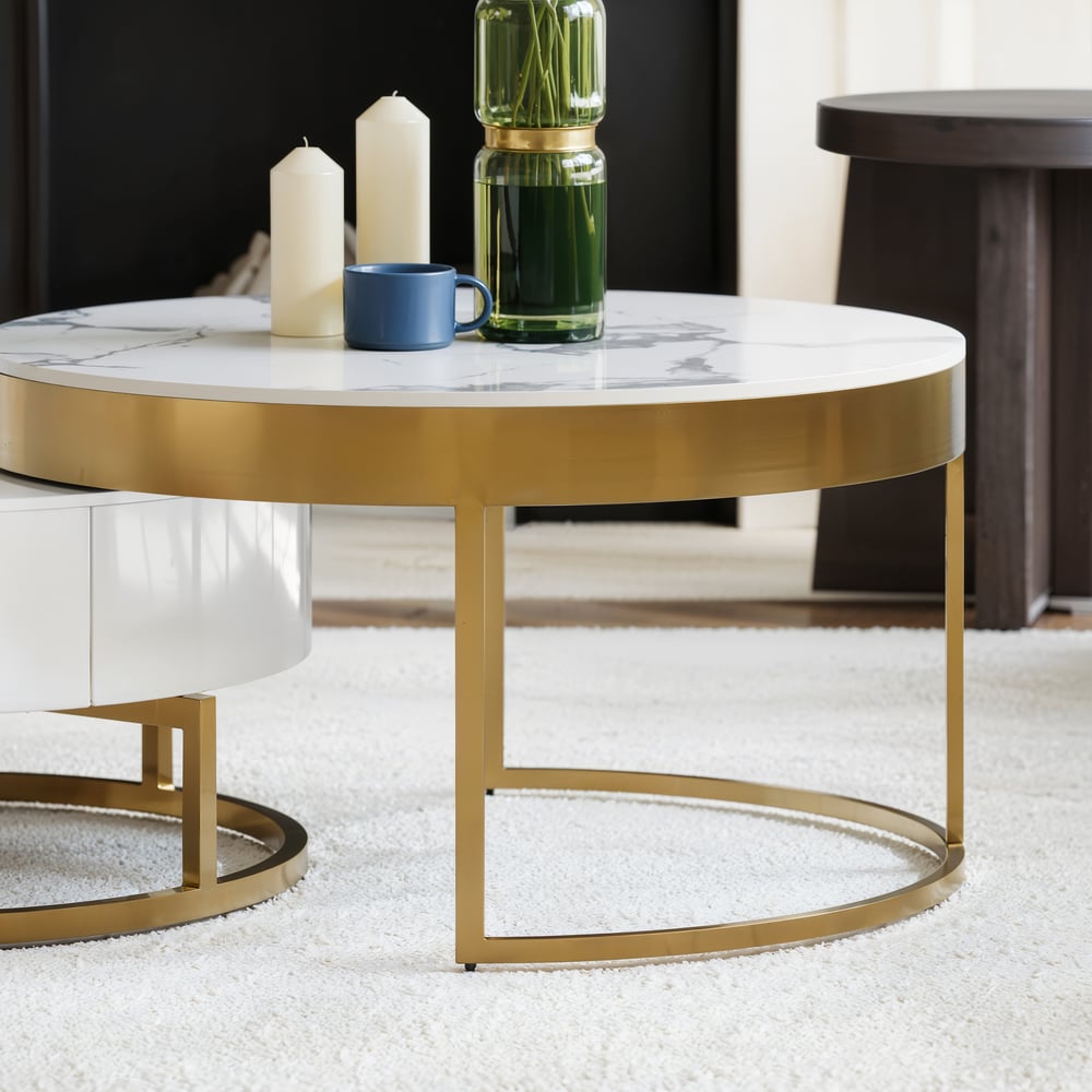 Table basse ronde moderne en bois Nesnesis avec plateau relevable et tiroirs image de fenêtre