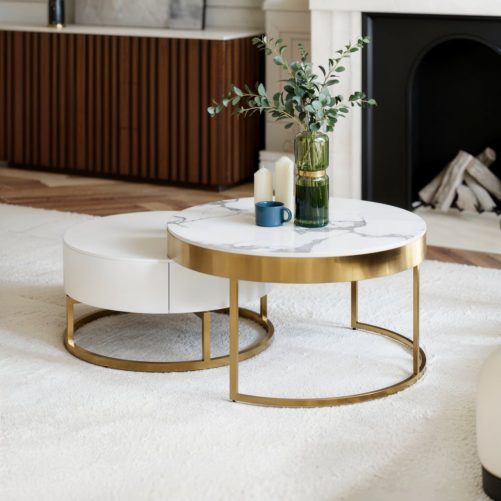 Questions and Answers for Nesnesis Modern Round Sintered Stone Nesting Wood Coffee Table with Drawers in White