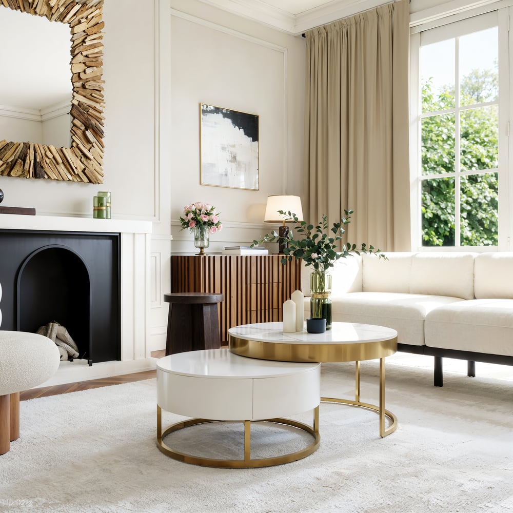 Table basse ronde moderne en bois Nesnesis avec plateau relevable et tiroirs image de fenêtre