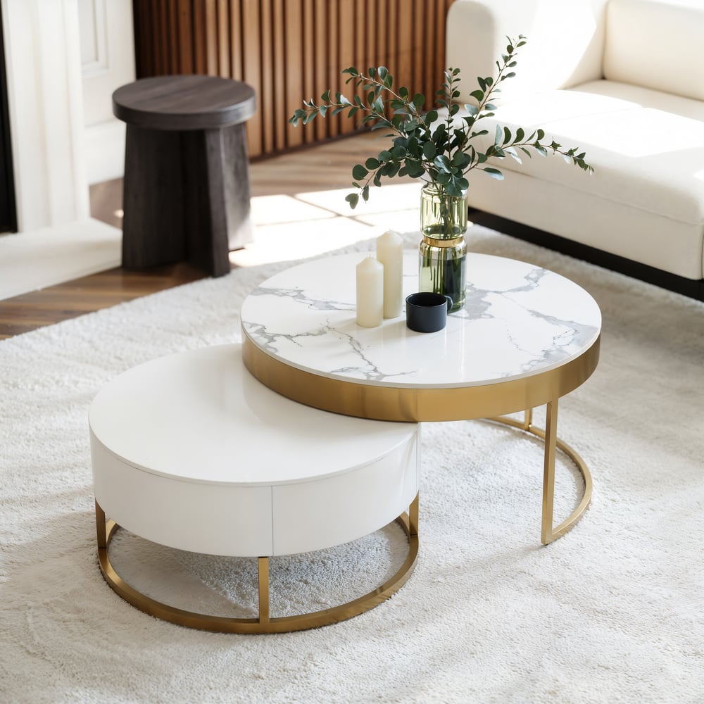 Questions and Answers for Nesnesis Modern Round Sintered Stone Nesting Wood Coffee Table with Drawers in White