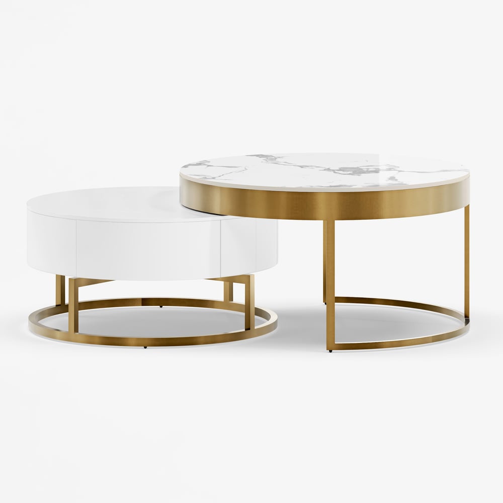 Table basse ronde moderne en bois Nesnesis avec plateau relevable et tiroirs image de fenêtre