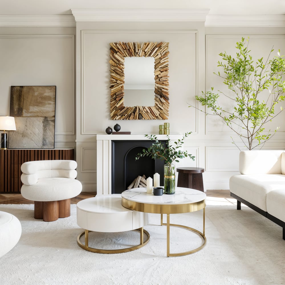 Table basse ronde moderne en bois Nesnesis avec plateau relevable et tiroirs image de fenêtre