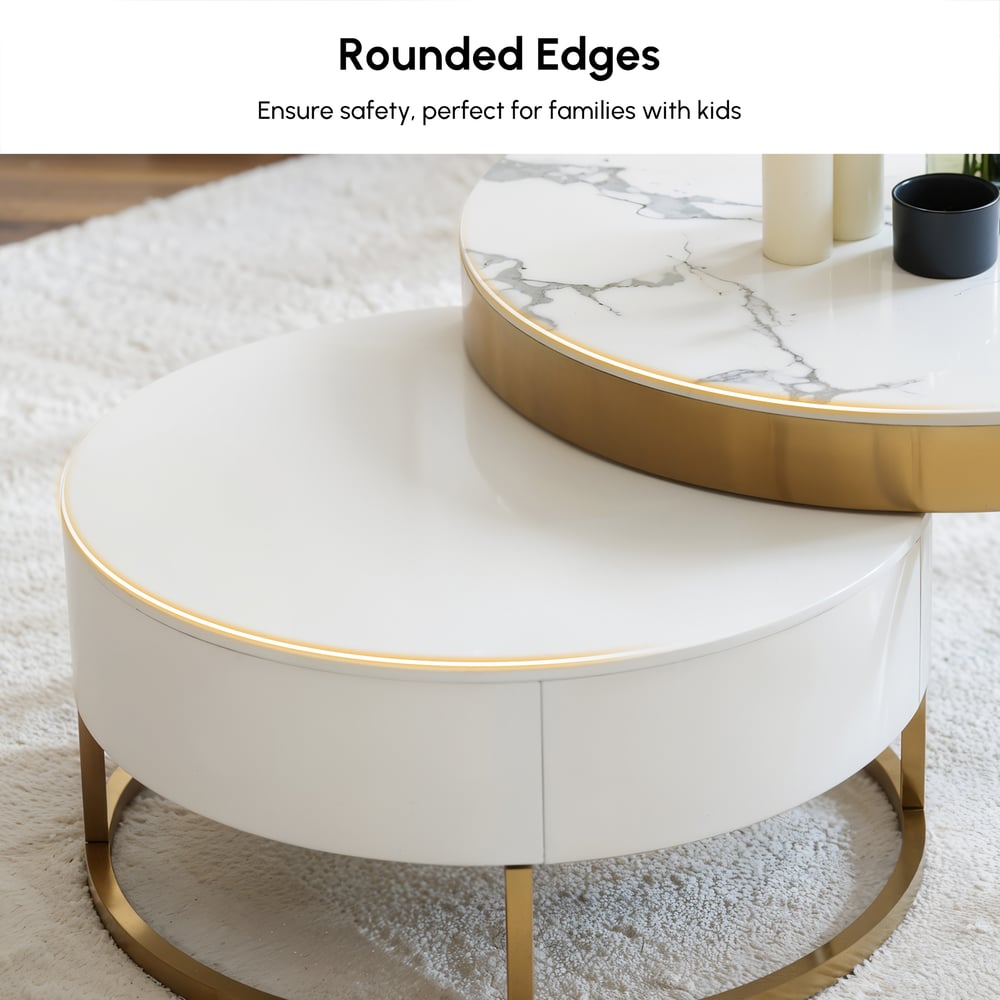 Table basse ronde moderne en bois Nesnesis avec plateau relevable et tiroirs image de fenêtre