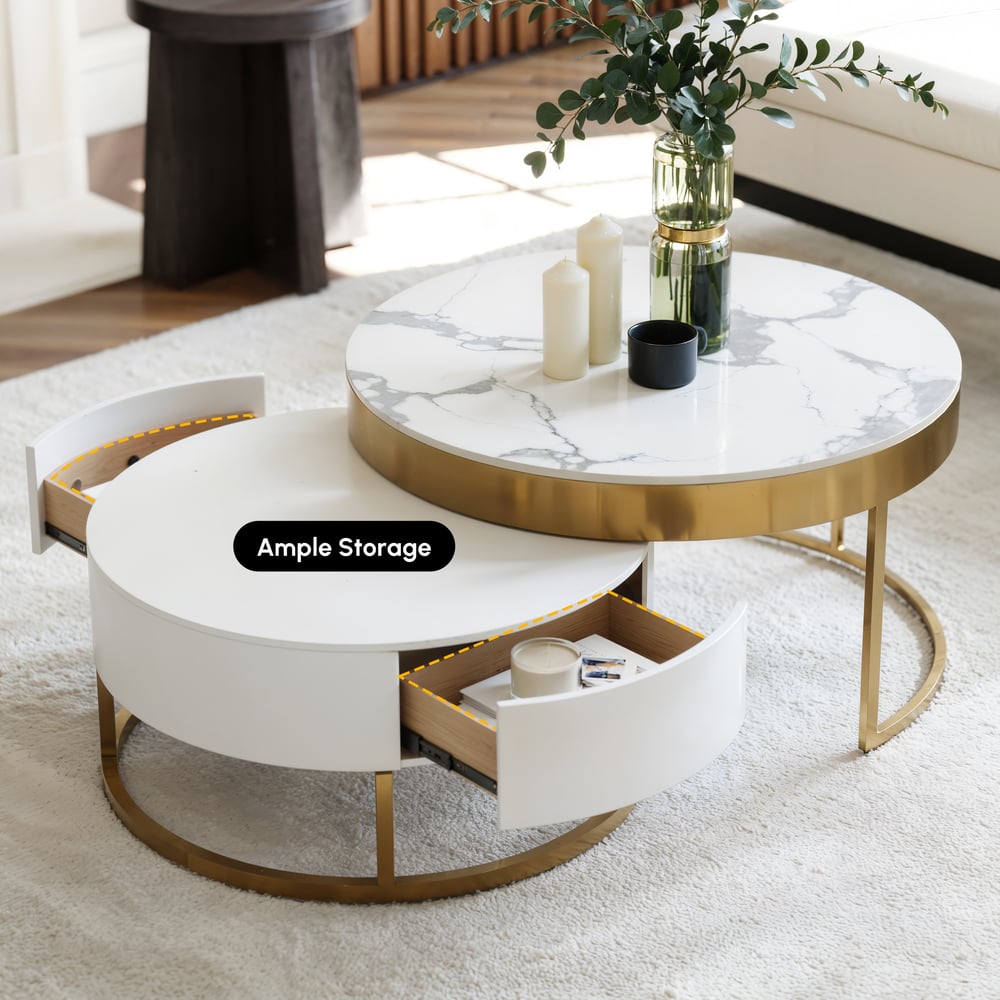 Table basse ronde moderne en bois Nesnesis avec plateau relevable et tiroirs image de fenêtre