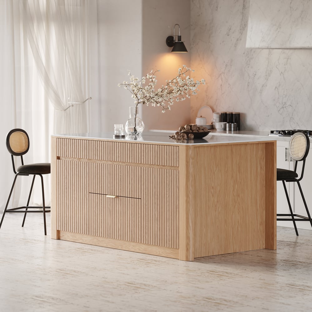 Avis Clients sur Îlot de cuisine en bois massif avec dessus en pierre frittée de 72 po avec rangement