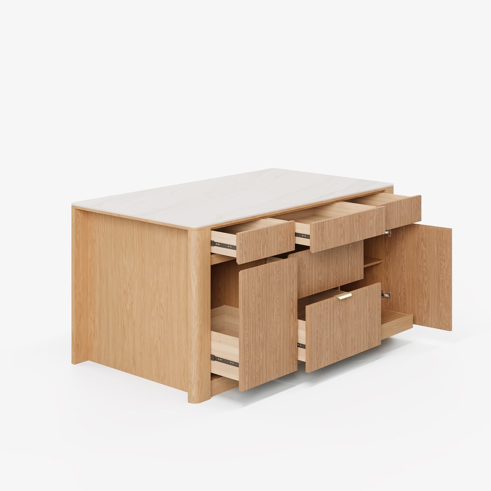 Ilha de cozinha de madeira maciça com tampo de pedra sinterizada de 72" com armazenamento Imagem da janela