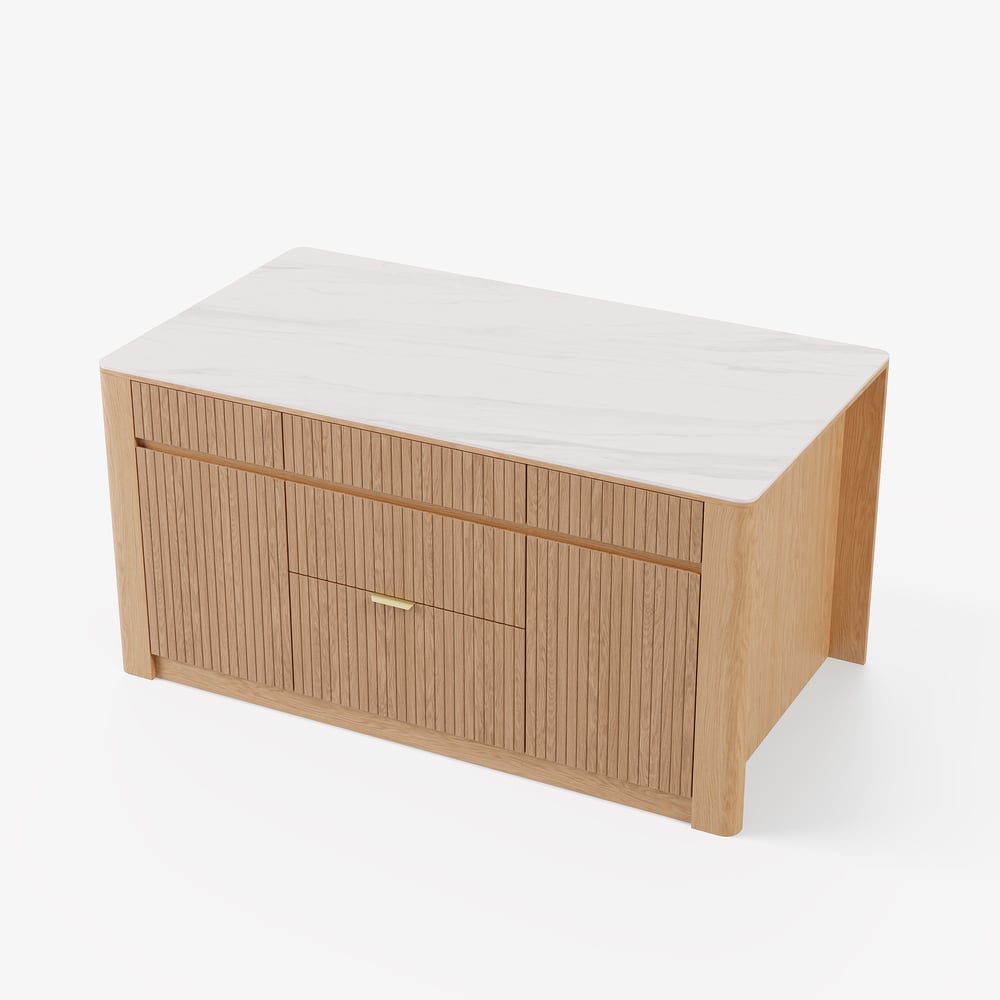 Ilha de cozinha de madeira maciça com tampo de pedra sinterizada de 72" com armazenamento Imagem da janela