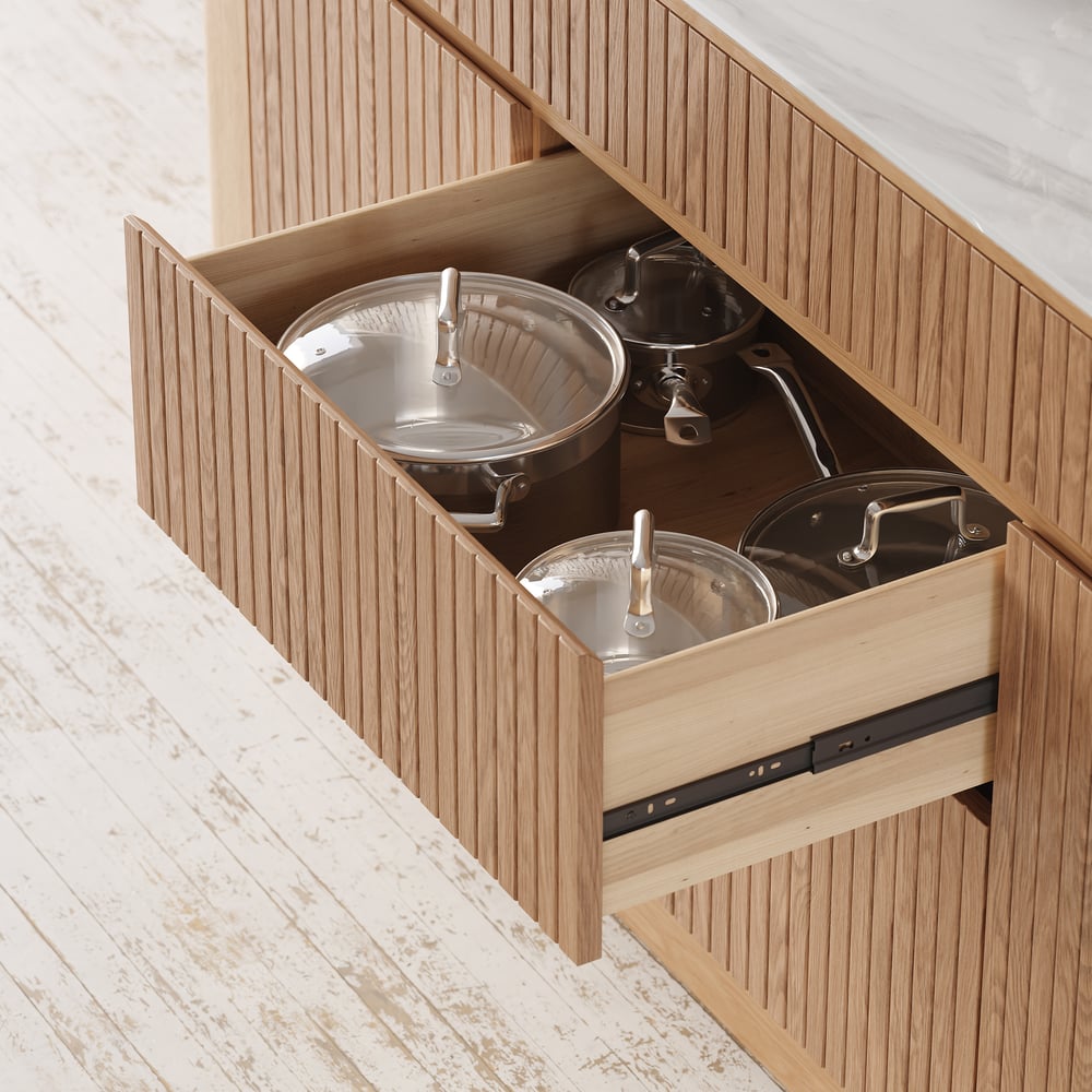 Ilha de cozinha de madeira maciça com tampo de pedra sinterizada de 72" com armazenamento Imagem da janela