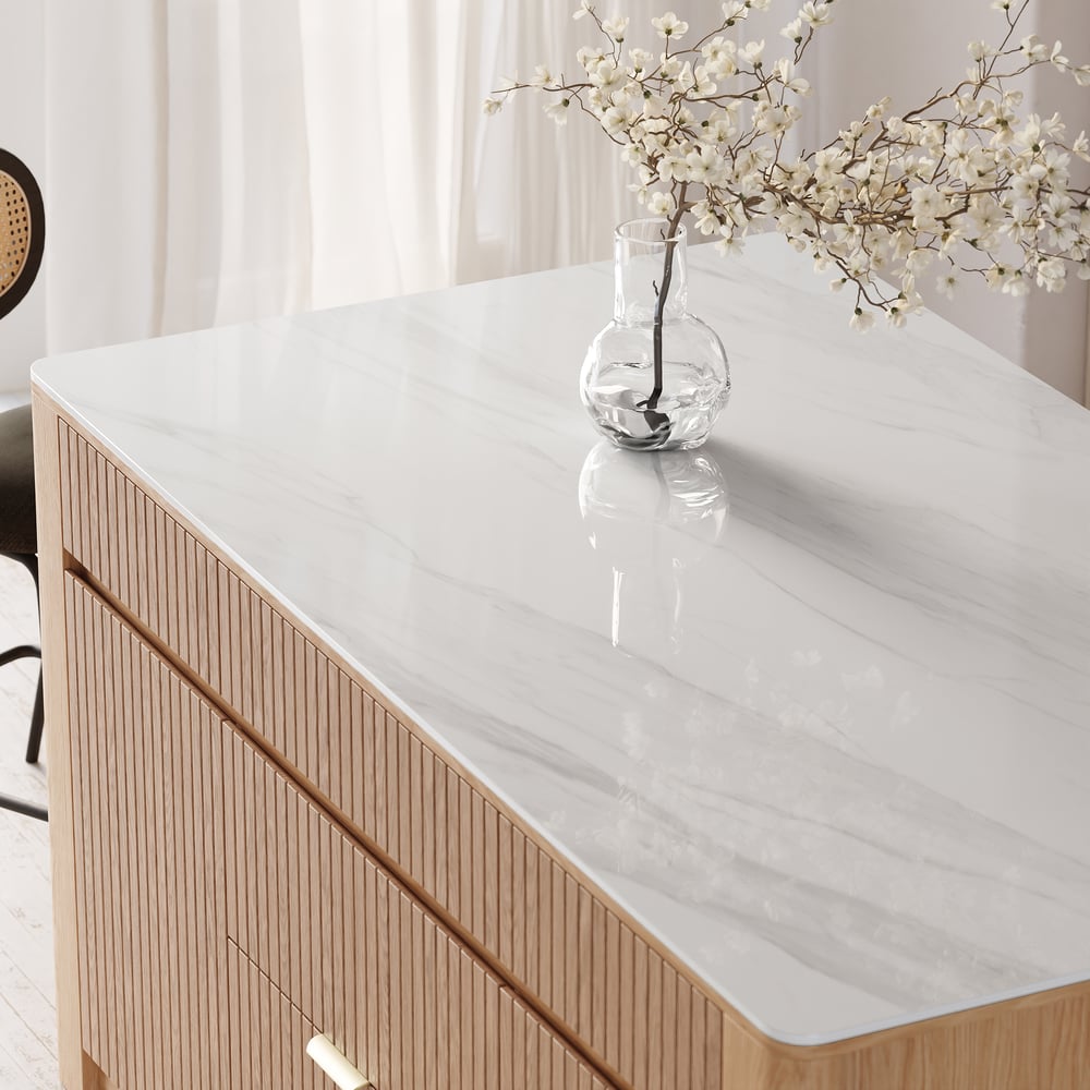 Ilha de cozinha de madeira maciça com tampo de pedra sinterizada de 72" com armazenamento Imagem da janela