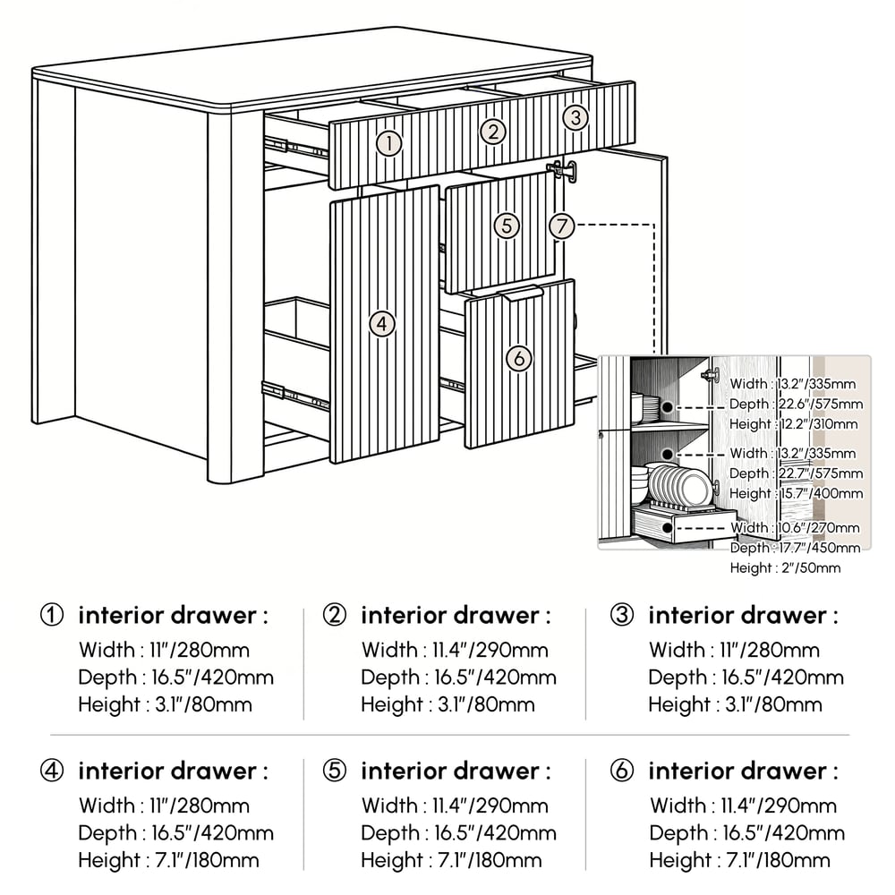 51" Sintered Stone Top Solid Wood Kitchen Island with Storage weights dimensions image