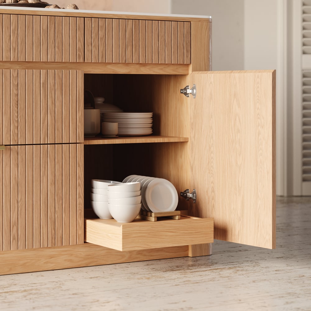 Ilha de cozinha de madeira maciça com tampo de pedra sinterizada de 72" com armazenamento Imagem da janela