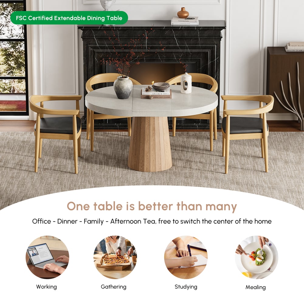 Japandi 100 cm–140 cm Extendable Round-to-Oval Wood Dining Table– Gray, Seats 4-6 window image