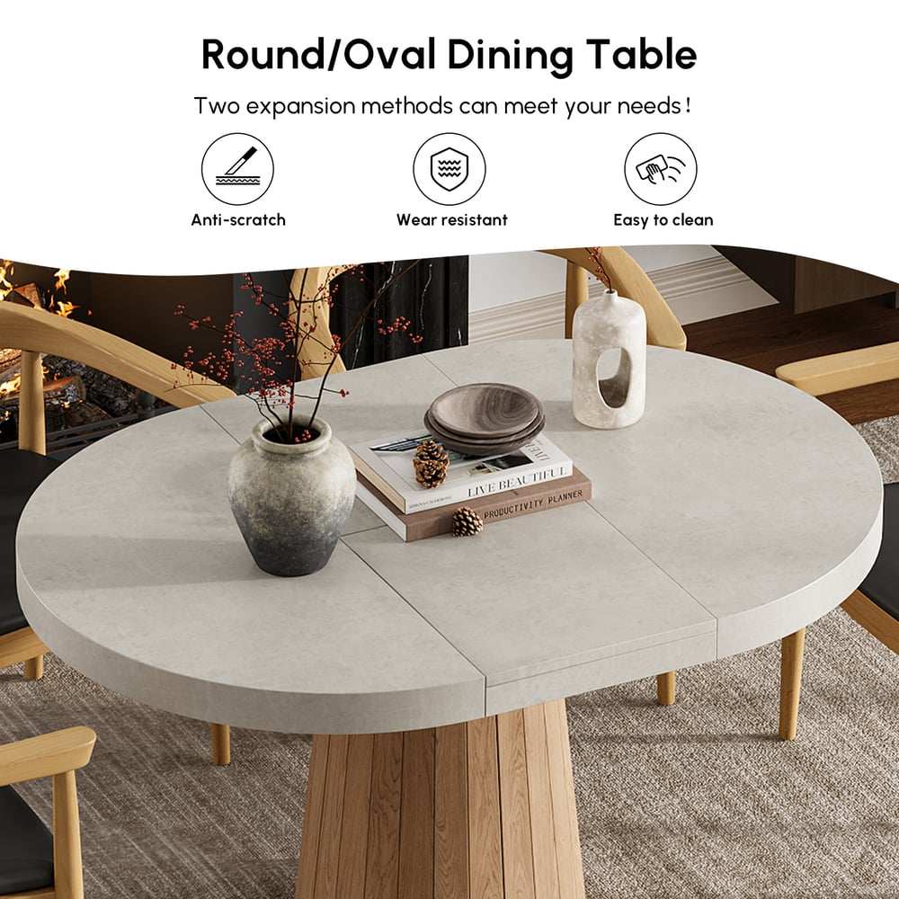 Japandi 100 cm–140 cm Extendable Round-to-Oval Wood Dining Table– Gray, Seats 4-6 window image