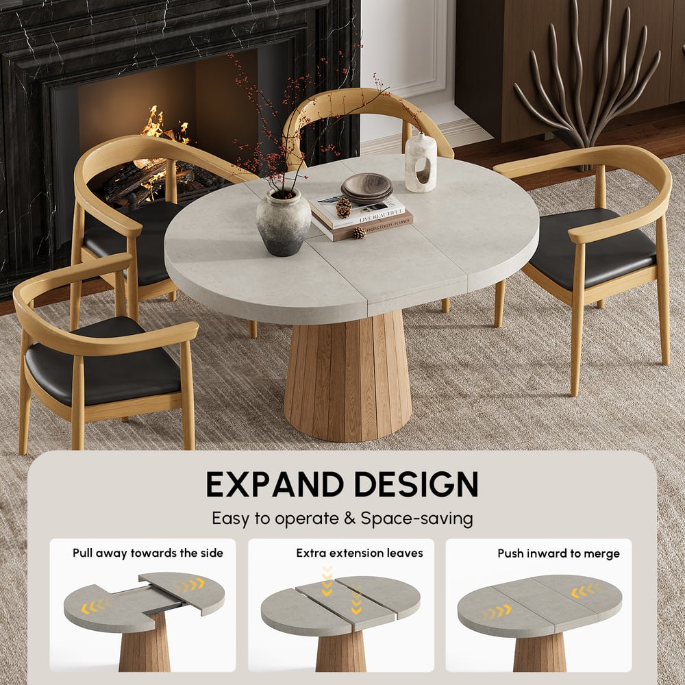 Japandi 100 cm–140 cm Extendable Round-to-Oval Wood Dining Table– Gray, Seats 4-6 window image