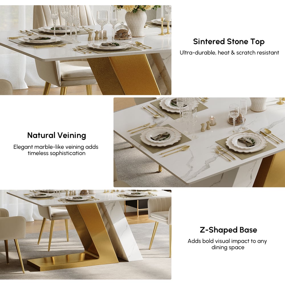 1600mm Rectangle Modern Sintered Stone Top Dining Table for 6 Stainless Steel in Gold window image