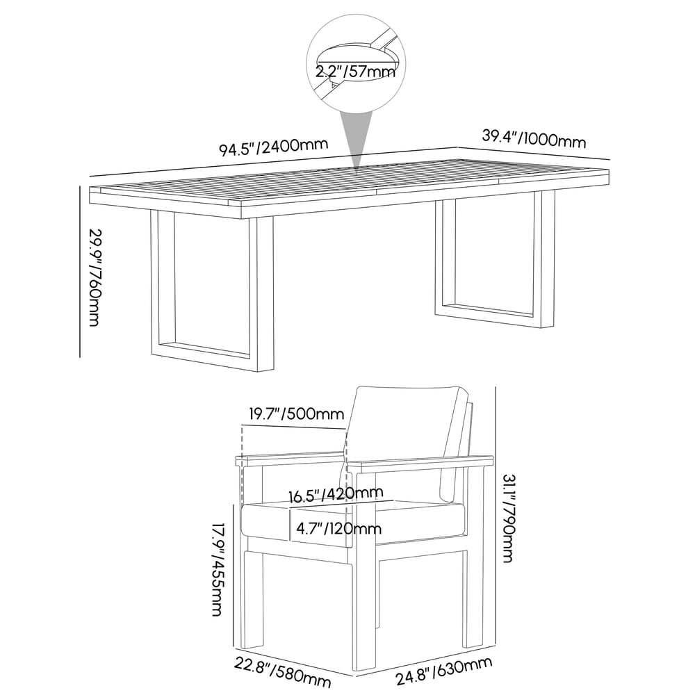 9-częściowy prostokątny drewniany i aluminiowy zestaw do jadalni na patio na zewnątrz dla 8 osób obraz wagi wymiary