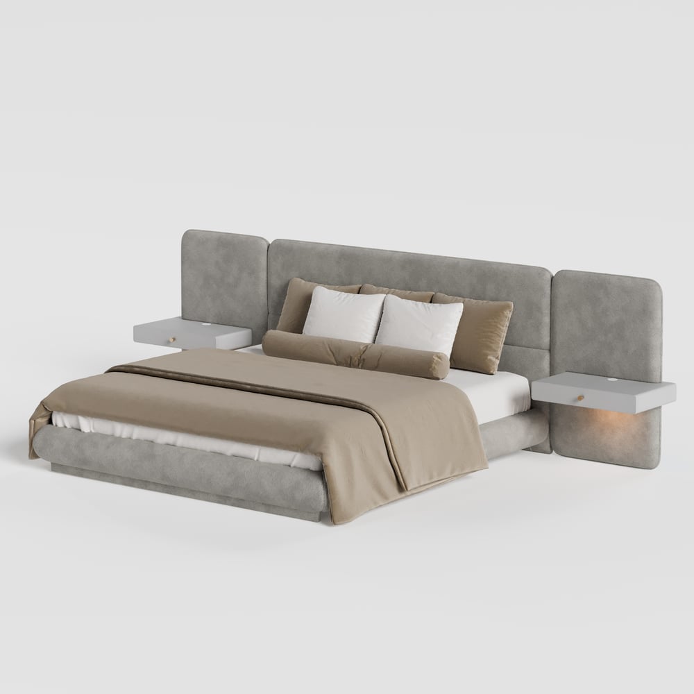 King Size Upholstered Bed with Extended Headboard & Smart Leather Nightstand Set window image