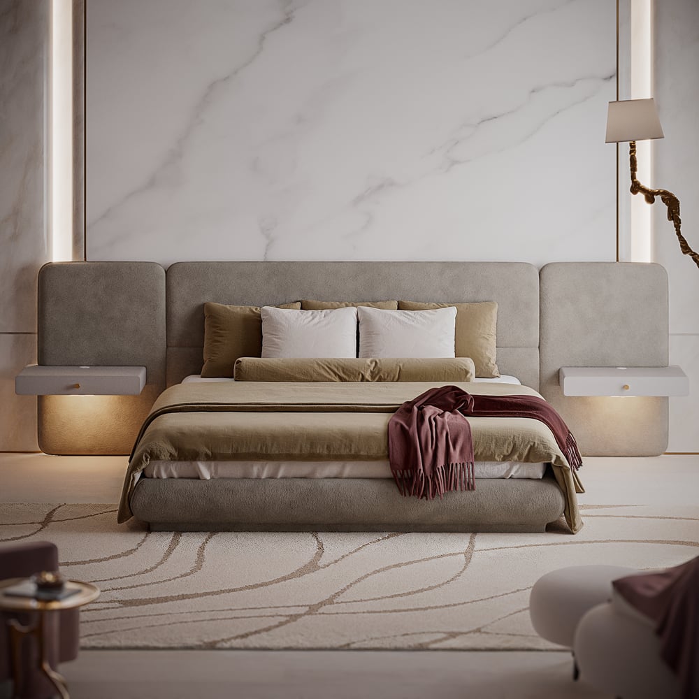 King Size Upholstered Bed with Extended Headboard & Smart Leather Nightstand Set window image