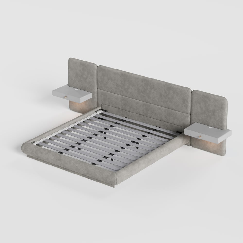 King Size Upholstered Bed with Extended Headboard & Smart Leather Nightstand Set window image