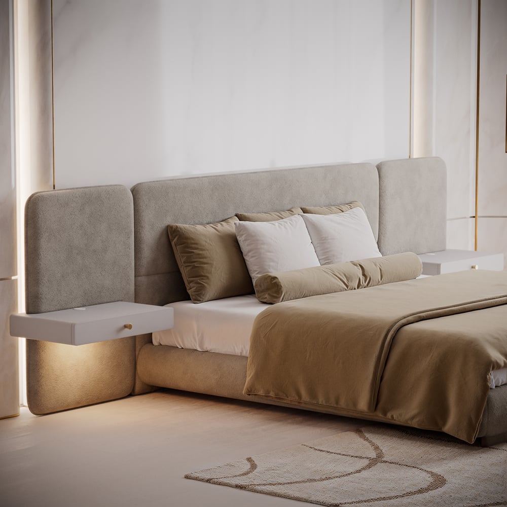 King Size Upholstered Bed with Extended Headboard & Smart Leather Nightstand Set window image