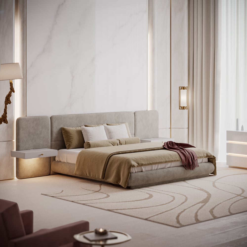 King Size Upholstered Bed with Extended Headboard & Smart Leather Nightstand Set window image