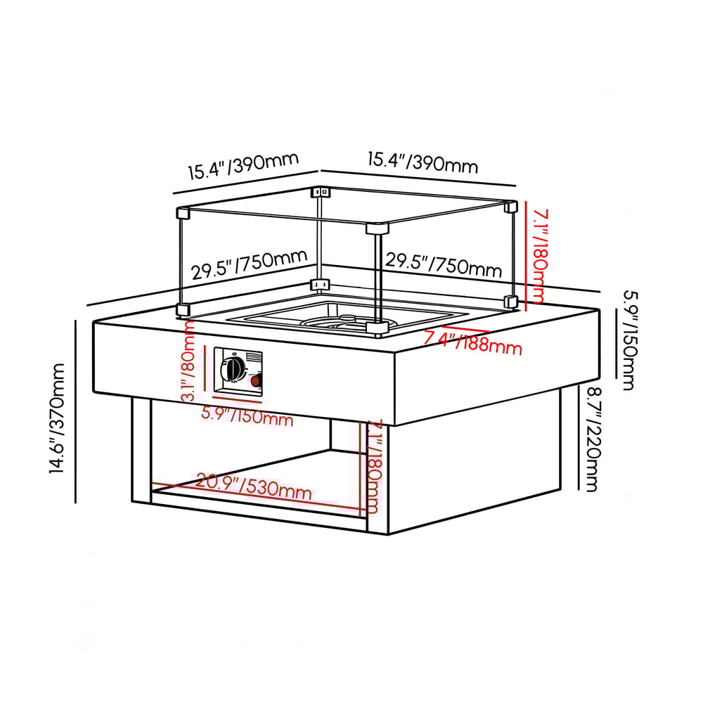 Foyer extérieur carré au propane sans fumée (largeur 750 mm) Poids, dimensions, image