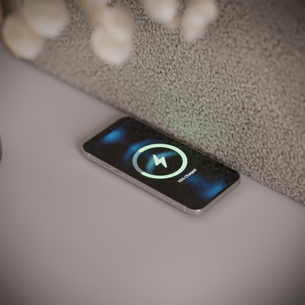 King Size Upholstered Bed with Extended Headboard & Smart Leather Nightstand Set window image