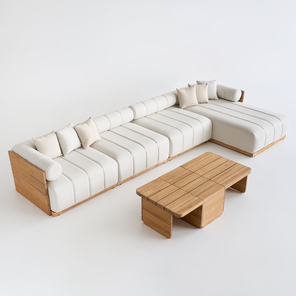 7dílná venkovní modulární souprava sedací pohovky z přírodního teaku obrázek okna