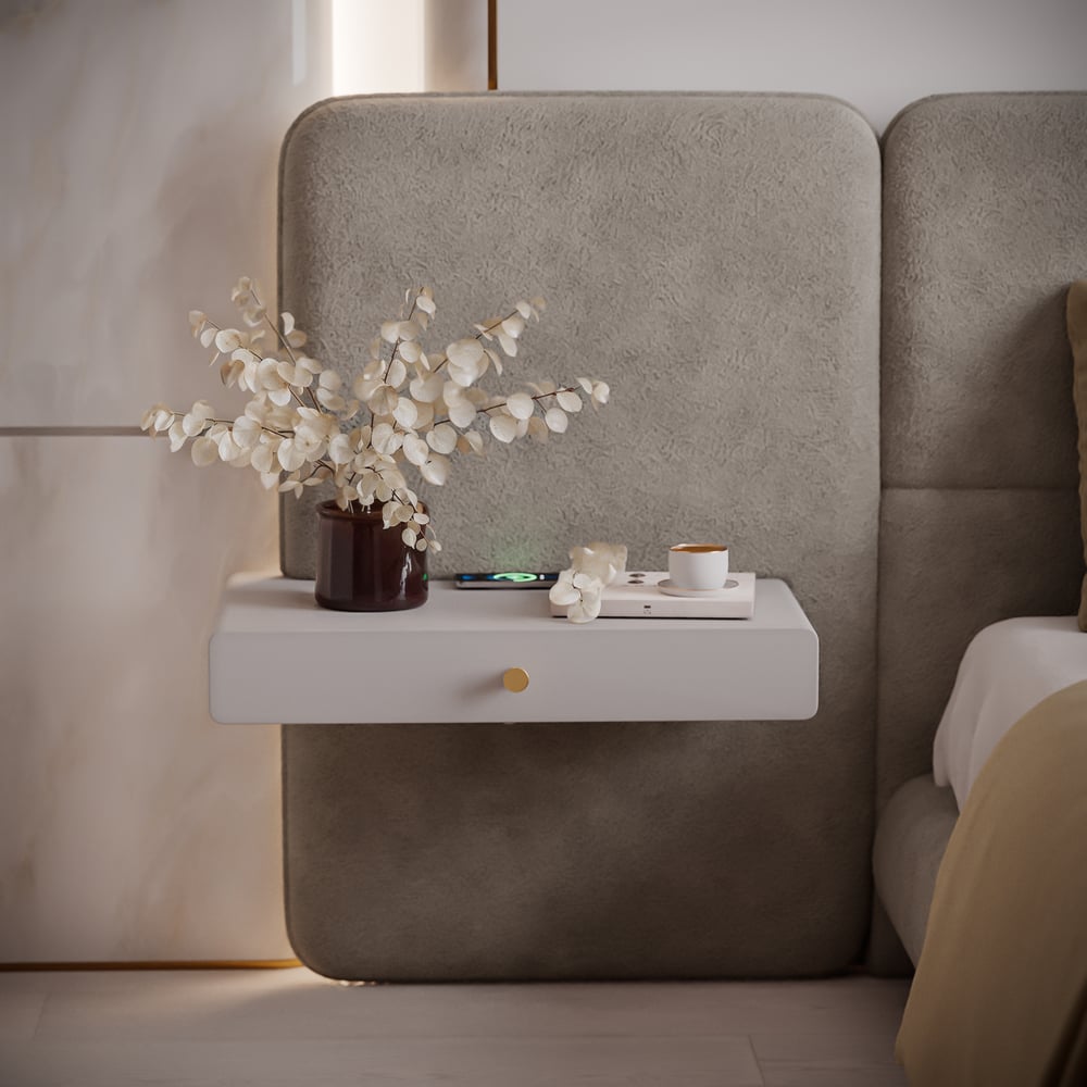 King Size Upholstered Bed with Extended Headboard & Smart Leather Nightstand Set window image