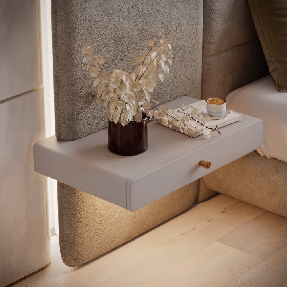 King Size Upholstered Bed with Extended Headboard & Smart Leather Nightstand Set window image